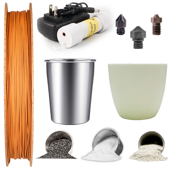 A Copper Filamet™ Print and Sinter Kit from The Virtual Foundry that includes a bucket, filament, and markforged items.
